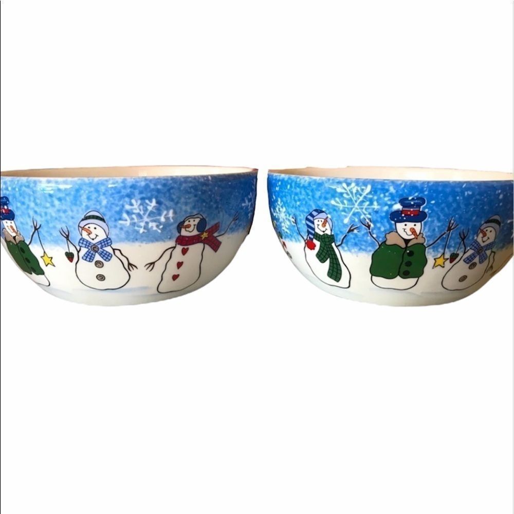 2 blue snowmen soul bowls snowflake Christmas